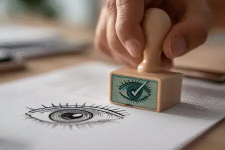 A hand stamping 'approved' on a medical form, illustrating how to get insurance to pay for eyelid surgery.
