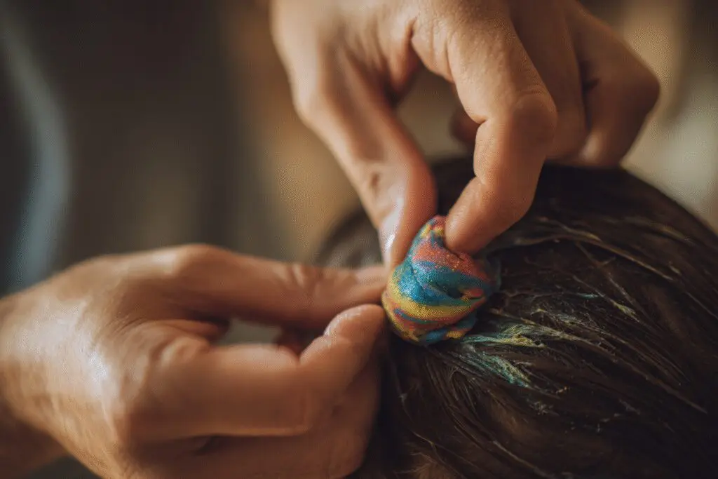 A helpful method for the FAQ on how to get silly putty out of hair, showing oil being used to break it down