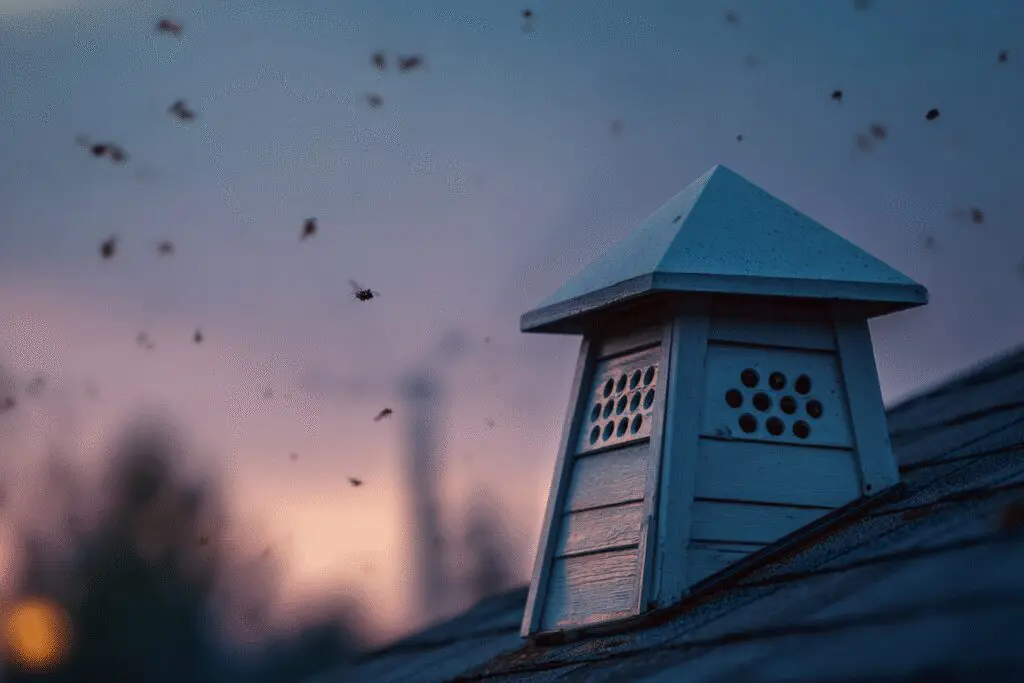 A humane method for the FAQ on how to get rid of bats, showing a one-way exclusion device on a house.