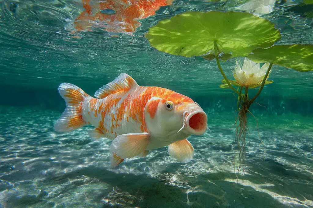 A koi fish eating a lily pad root, a biological answer to the FAQ on how to get rid of lily pads.