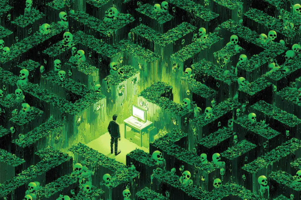 A person following a safe green path through a maze, a visual for the FAQ on how to get a legitimate test for working from home
