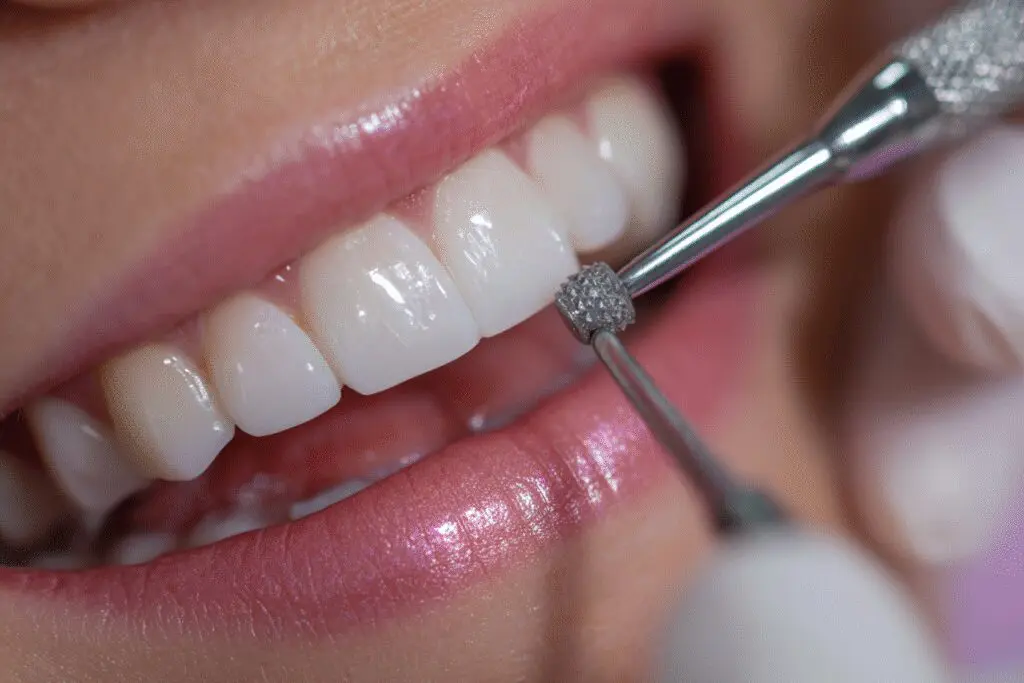 A professional solution for the FAQ on how to get rid of a gritty feeling on teeth, showing a dental polishing