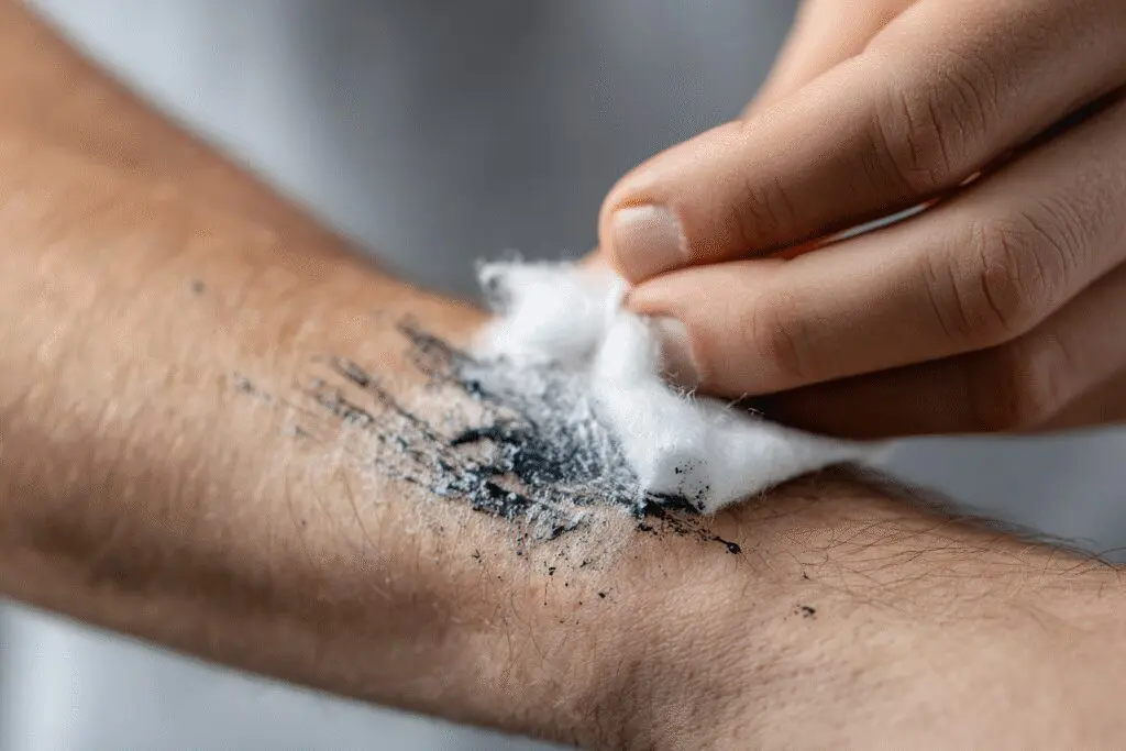 A quick solution for the FAQ on how to get ink off skin, showing a solvent on a cotton ball lifting the stain