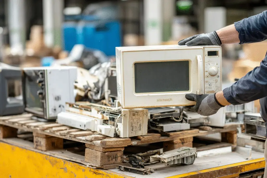 A responsible method for the FAQ on how to get rid of a microwave, showing it at an e-waste recycling center.