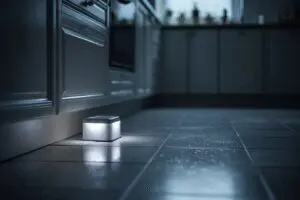A roach bait station in a clean kitchen corner, showing how to get rid of German roaches overnight