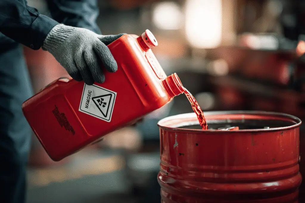 A safe disposal method for the FAQ on how to get rid of old gasoline, showing it being poured into a proper container.