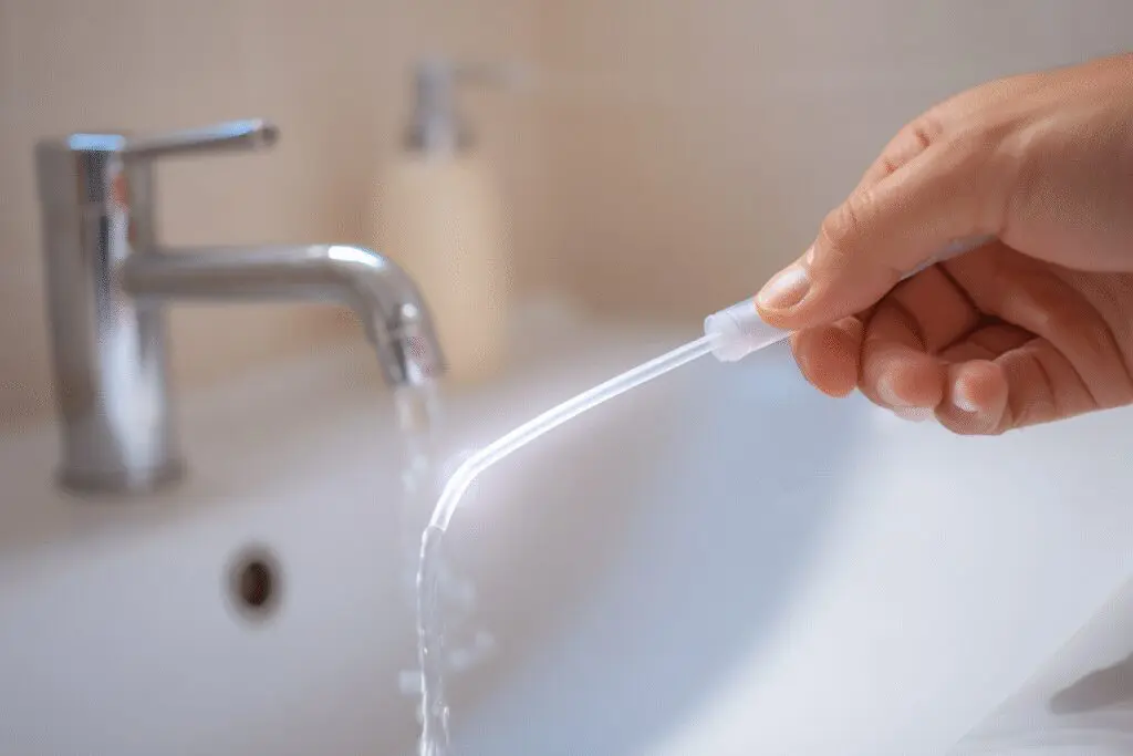 A safe method for the FAQ on how to get food out of a wisdom tooth hole, showing a dental irrigation syringe in use