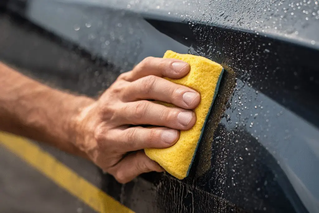 A safe method for the FAQ on how to get road paint off car surfaces, using a clay bar for gentle removal.