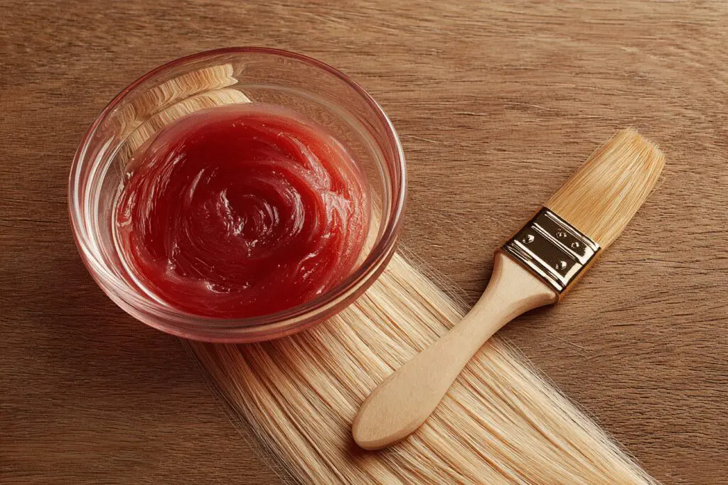 A salon secret for how to get green out of blonde hair overnight, showing a color-correcting treatment ready to be applied