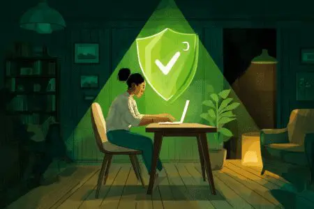 A shield protecting a remote worker from a phishing hook, a guide on how to get a legitimate test for working from home