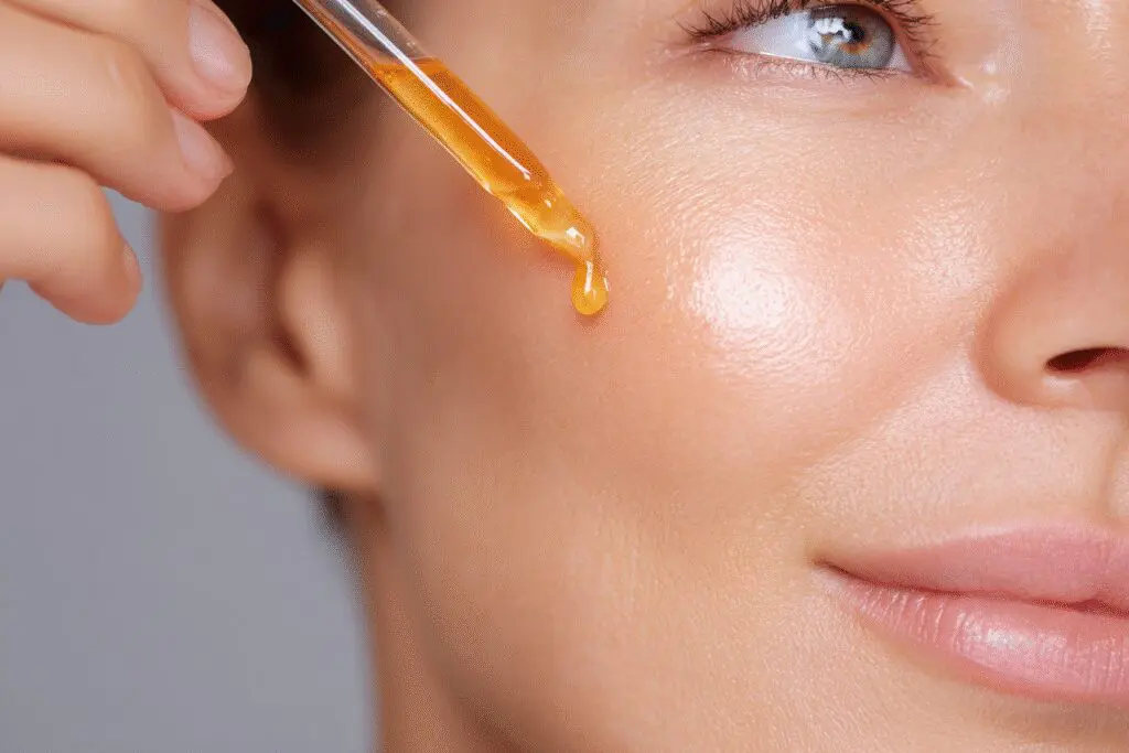 A skincare guide for the FAQ on how to get rid of freckles, showing a brightening serum being applied.
