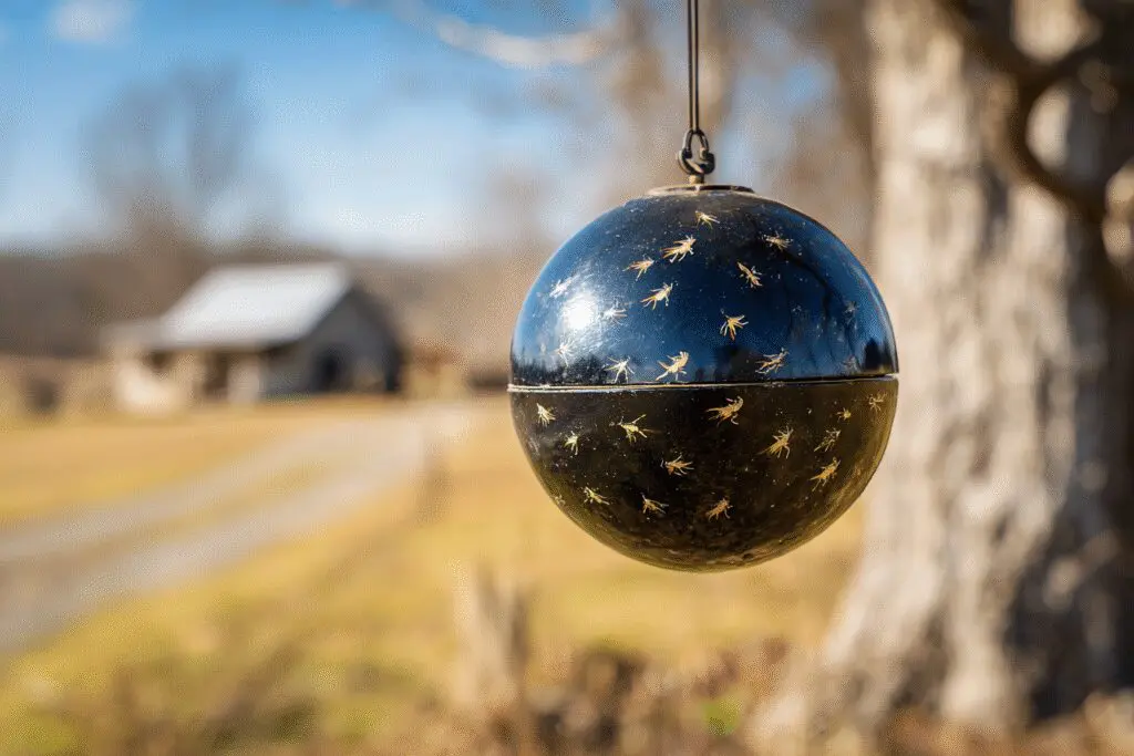 A spherical fly trap hanging in a pasture, illustrating a method for the FAQ on how to get rid of horse flies.