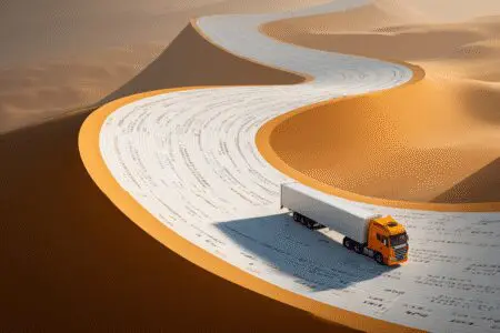 A truck driving on a road made of calendar pages, illustrating how long does it take to get your CDL license
