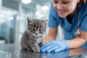 A veterinarian determining the right age for how old a female cat has to be to get fixed.
