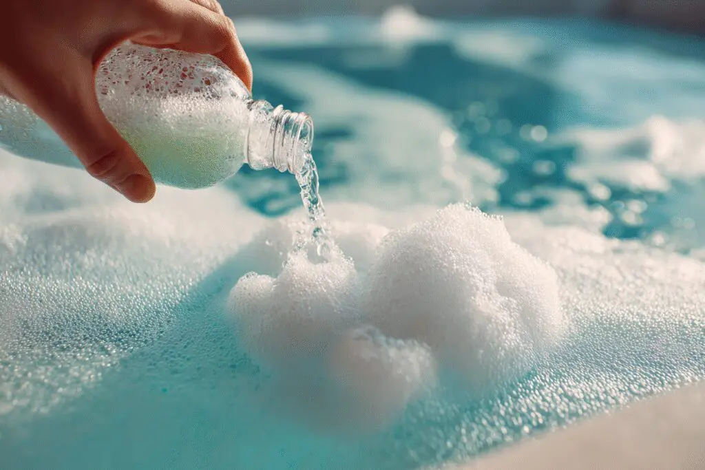 A visual answer for the FAQ on how to get rid of foam in a hot tub, showing an anti-foam solution clearing the water.