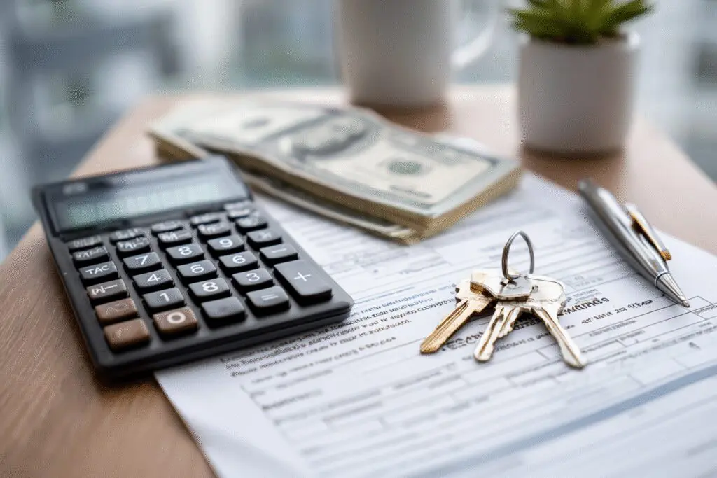 A visual explaining the top fees and how much it costs to get a real estate license, showing money and an application