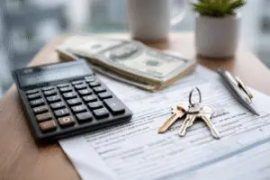 A visual explaining the top fees and how much it costs to get a real estate license, showing money and an application