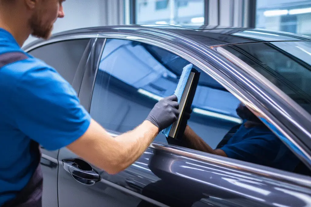A visual for the FAQ on how much it costs to get windows tinted, showing a professional applying film to a car window.