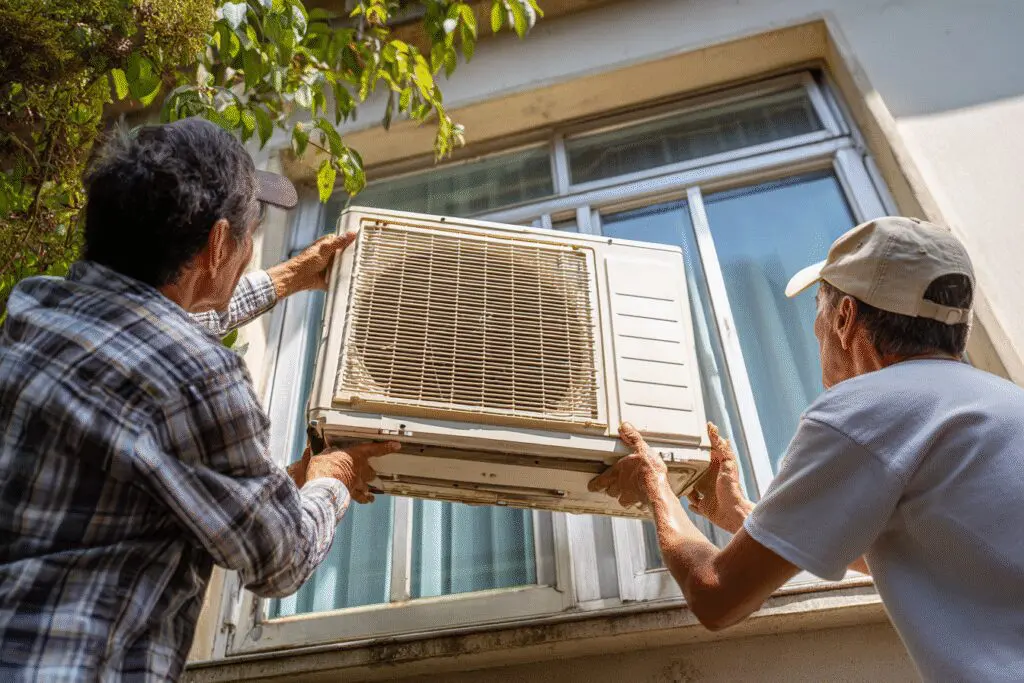 A visual for the FAQ on how to get rid of an air conditioner, showing a window unit being removed from a home.