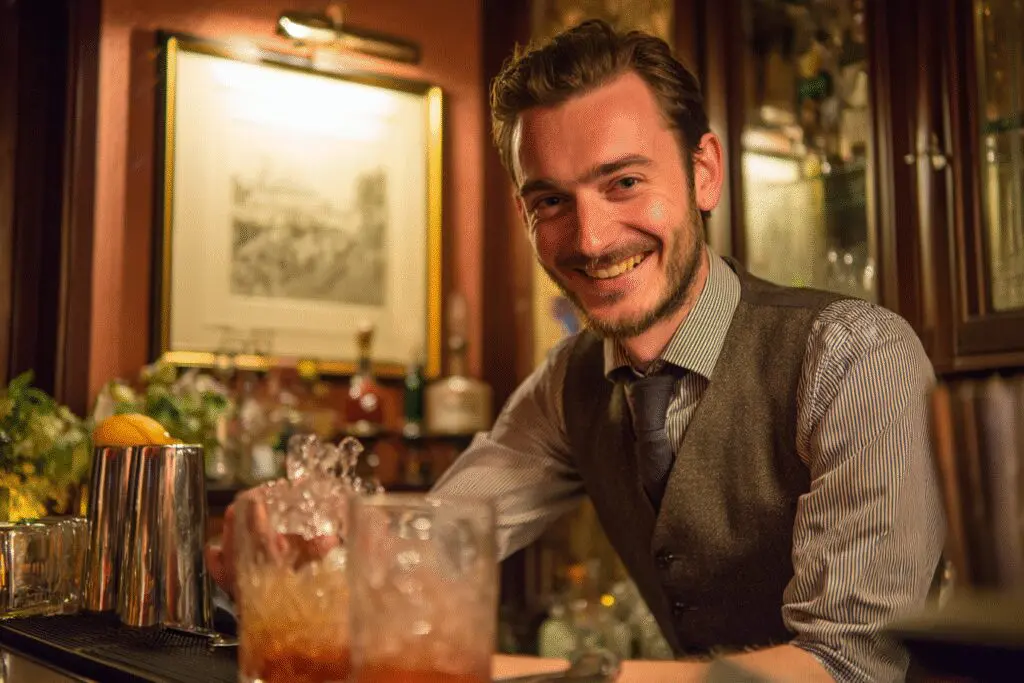 A visual on how to get your bartending license and earn more, showing a licensed bartender at work.