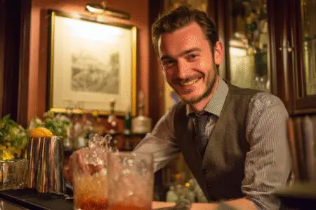 A visual on how to get your bartending license and earn more, showing a licensed bartender at work.