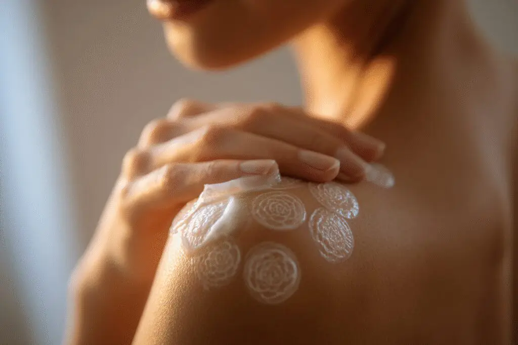 An aftercare visual for the FAQ on how to get rid of cupping marks, showing healing cream being applied.