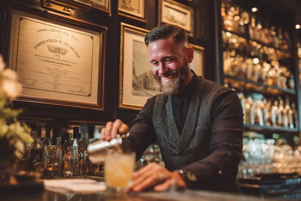 An aspirational image for the FAQ on how to get your bartending license, showing a licensed professional at work.