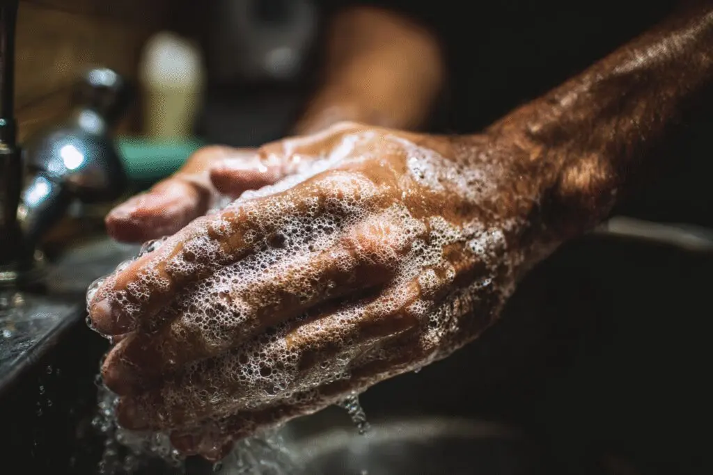 An effective cleaning method for the FAQ on how to get gasoline smell out of hands, showing vigorous hand washing