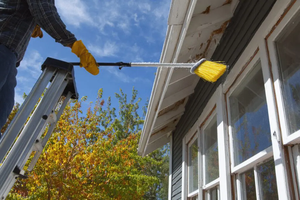 An effective way to answer the FAQ on how to get rid of cobwebs outside, showing a long brush cleaning a house's eaves