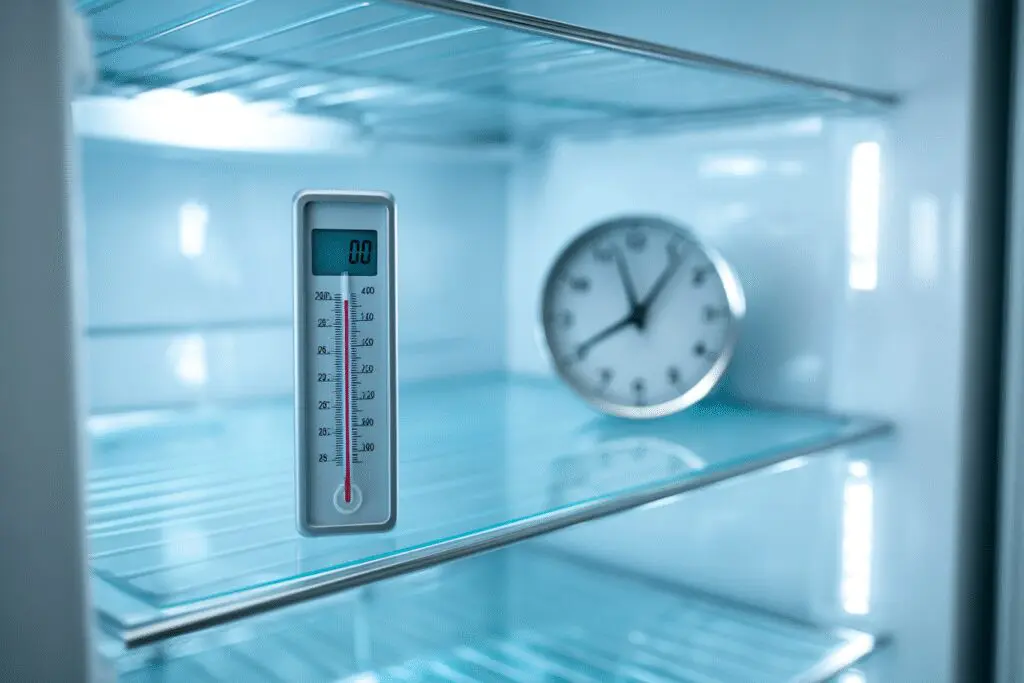 An image answering the FAQ How long does it take for a fridge to get cold, showing a thermometer inside a cooling unit