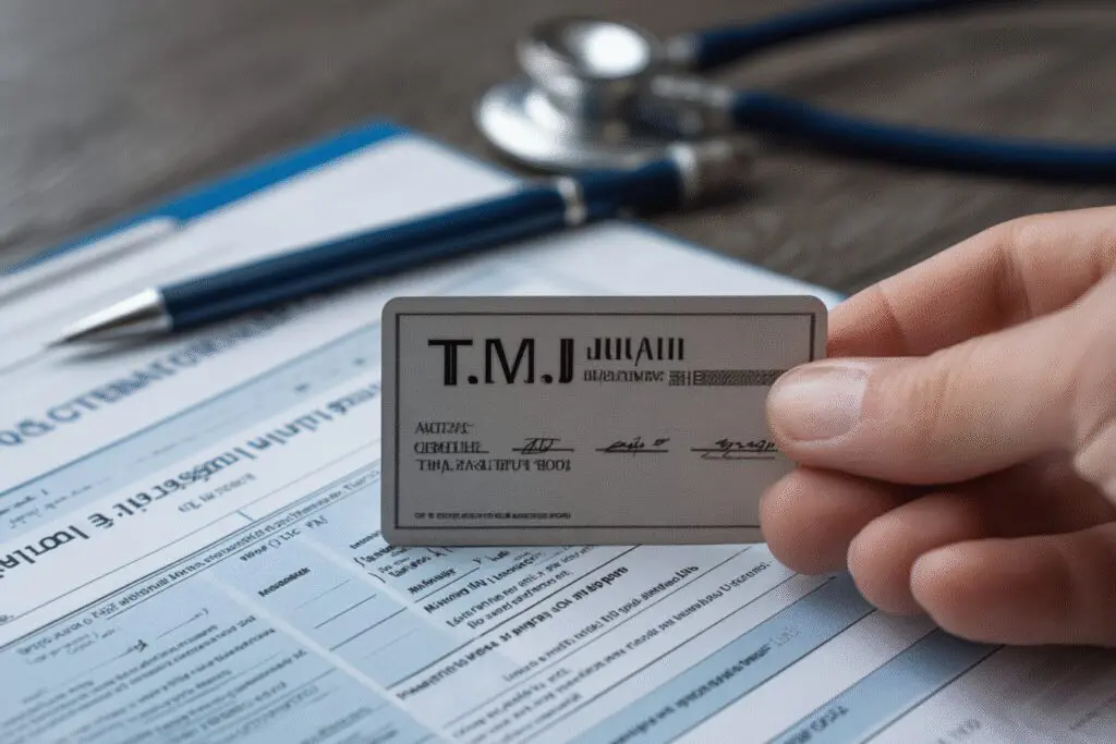 An informational image for the FAQ on how to get TMJ covered by insurance, showing a medical form and insurance card