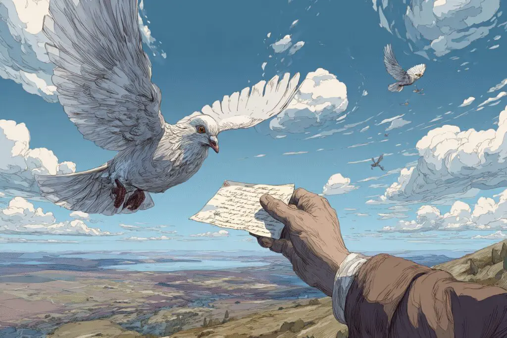 Carrier pigeons exchanging a document for a check, a metaphor for the FAQ on how long to get a settlement check