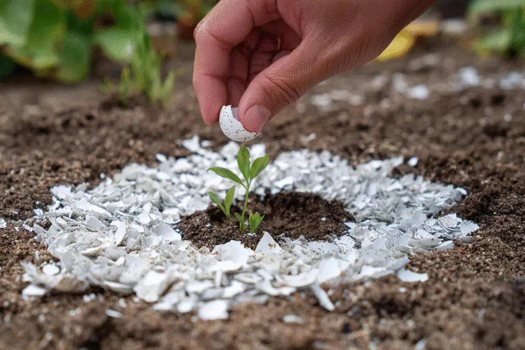 Crushed eggshells placed around a plant, an organic deterrent for the FAQ on how to get rid of snails