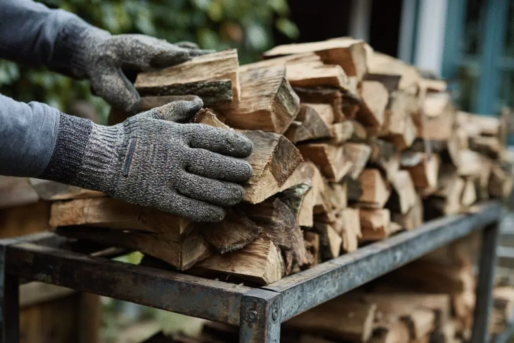 Hands neatly stacking firewood, a preventative step for the FAQ on how to get rid of copperhead snakes