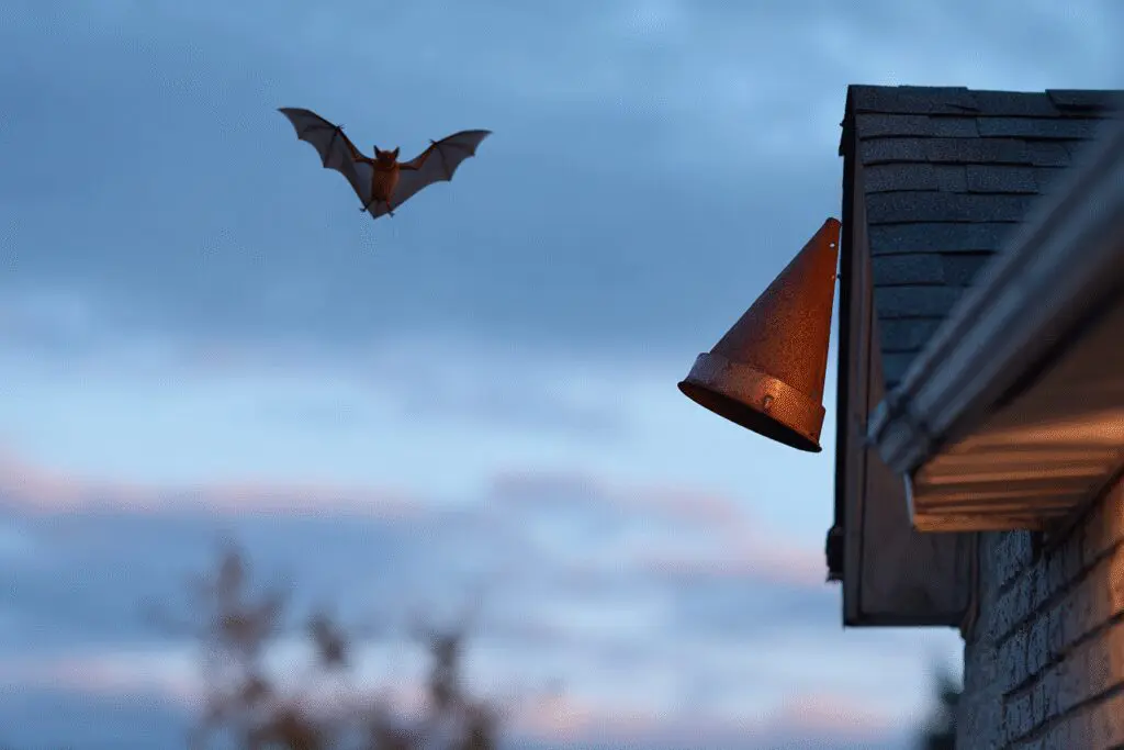 Humane removal tactics for how to get rid of bats safely, showing a one-way exclusion device installed on a house