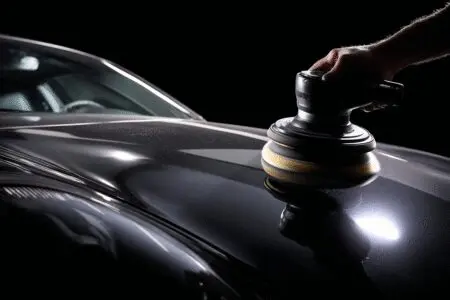 Pro secrets on how to get rid of swirl marks on car paint, showing a before-and-after of a car's paint being polished