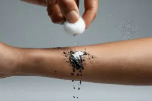 Proven solutions for how to get ink off skin easily and fast, demonstrating a cotton ball and solvent lifting the stain