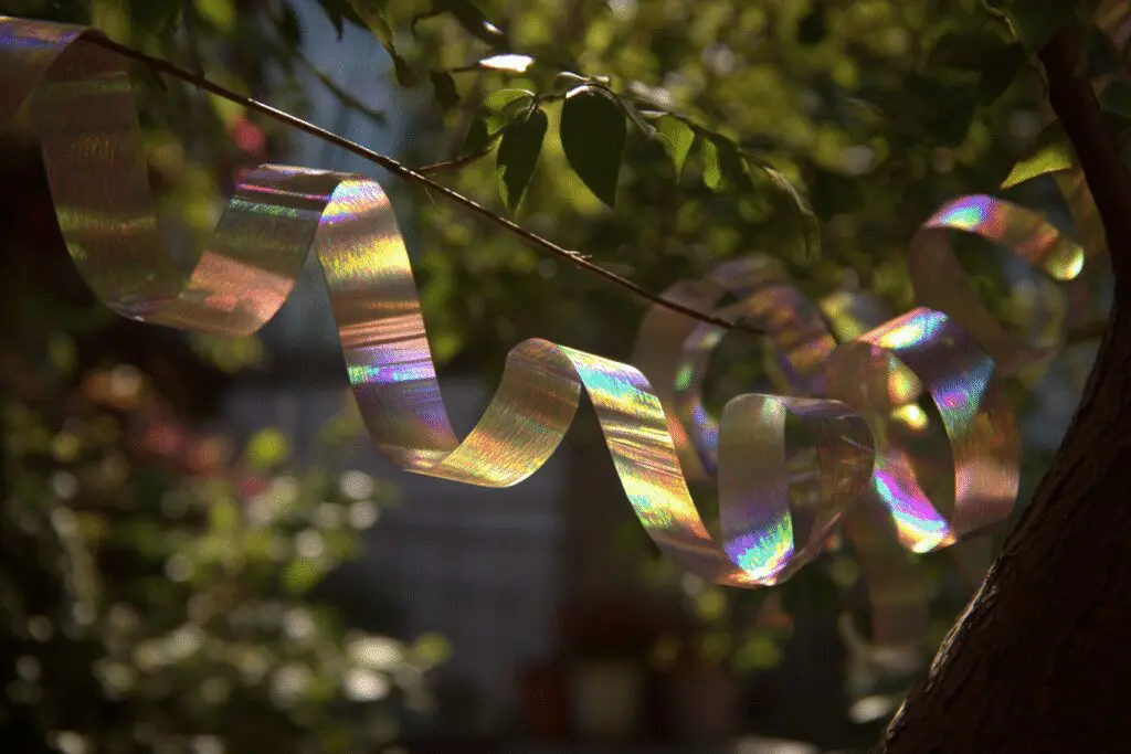 Reflective tape hanging from a tree, a visual deterrent for the FAQ on how to get rid of grackle birds