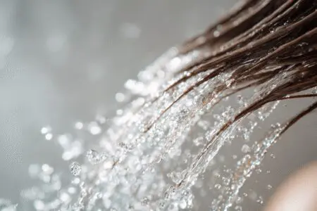 Secrets on how to get rid of product buildup in hair, with a visual of hair being rinsed to a pristine, clean state