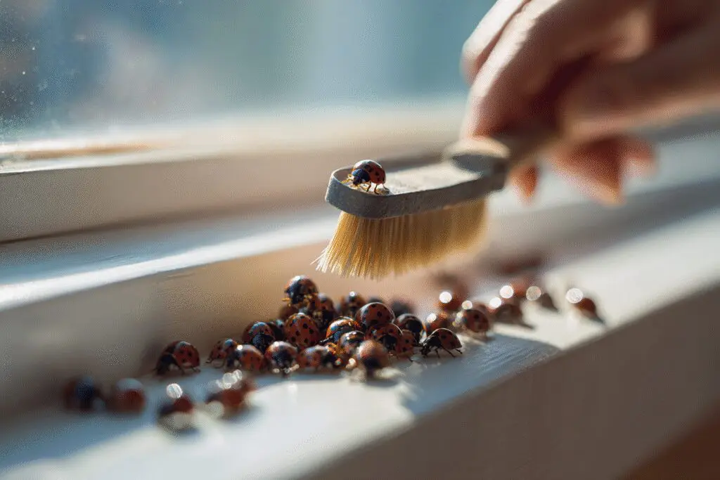 Simple steps you need for how to get rid of ladybugs, showing them being gently brushed from a windowsill