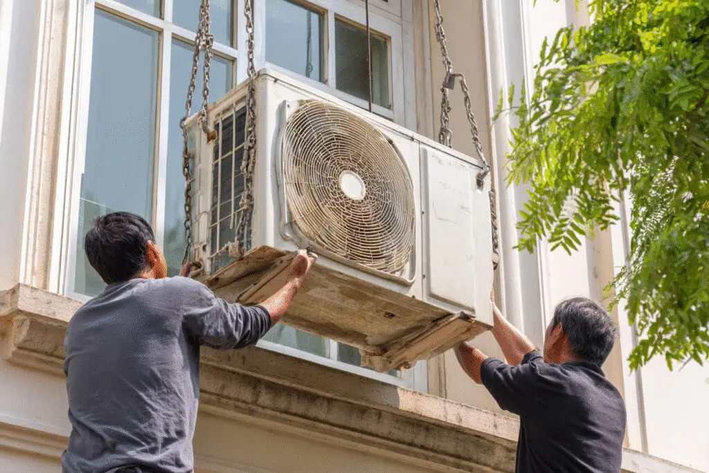 The #1 way on how to get rid of an air conditioner fast, showing a window unit being carefully removed from a home