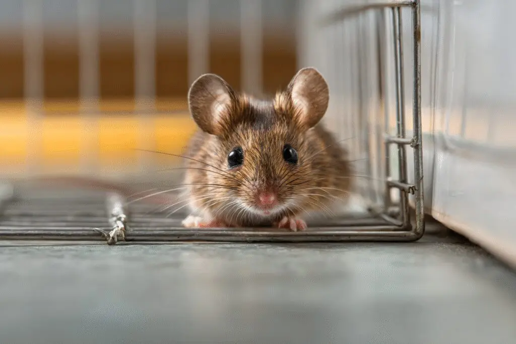 The ultimate guide on how to get rid of mice in a house, featuring a humane trap set along a baseboard