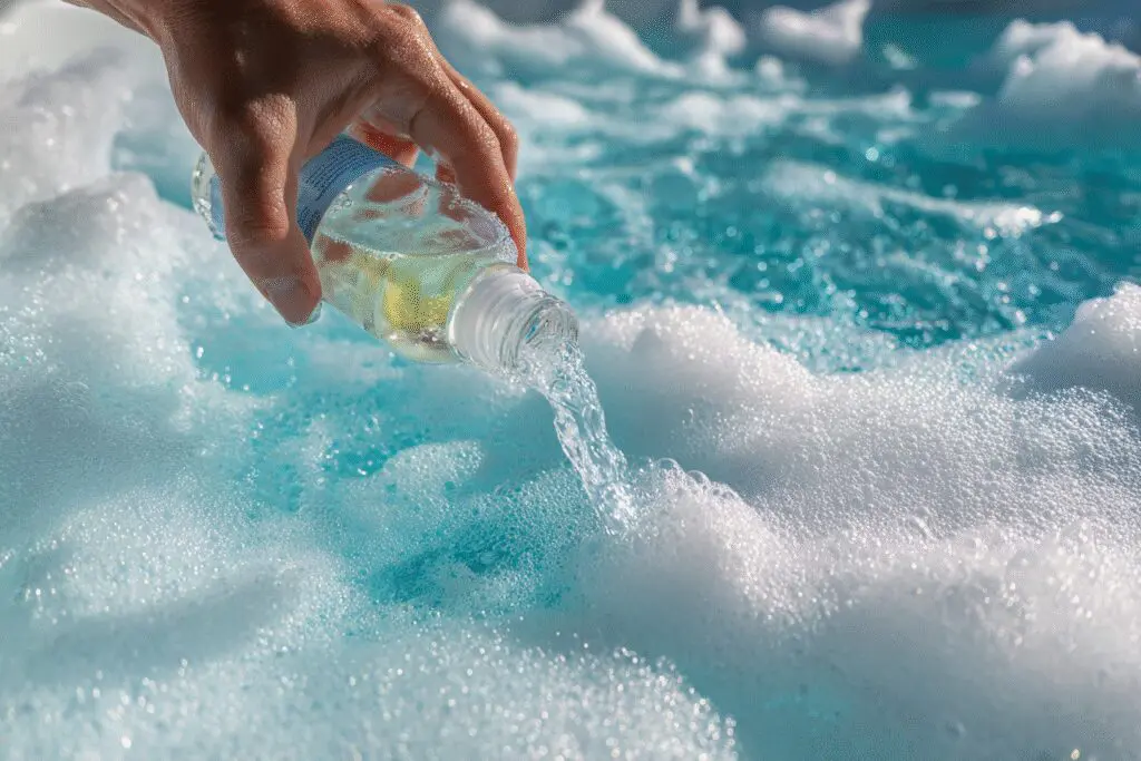 Tips on how to get rid of foam in a hot tub to make it crystal clear, showing an anti-foam solution being added to the water