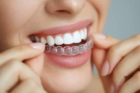 Top ways for how to get straight teeth naturally at home, showing a person using a clear dental aligner