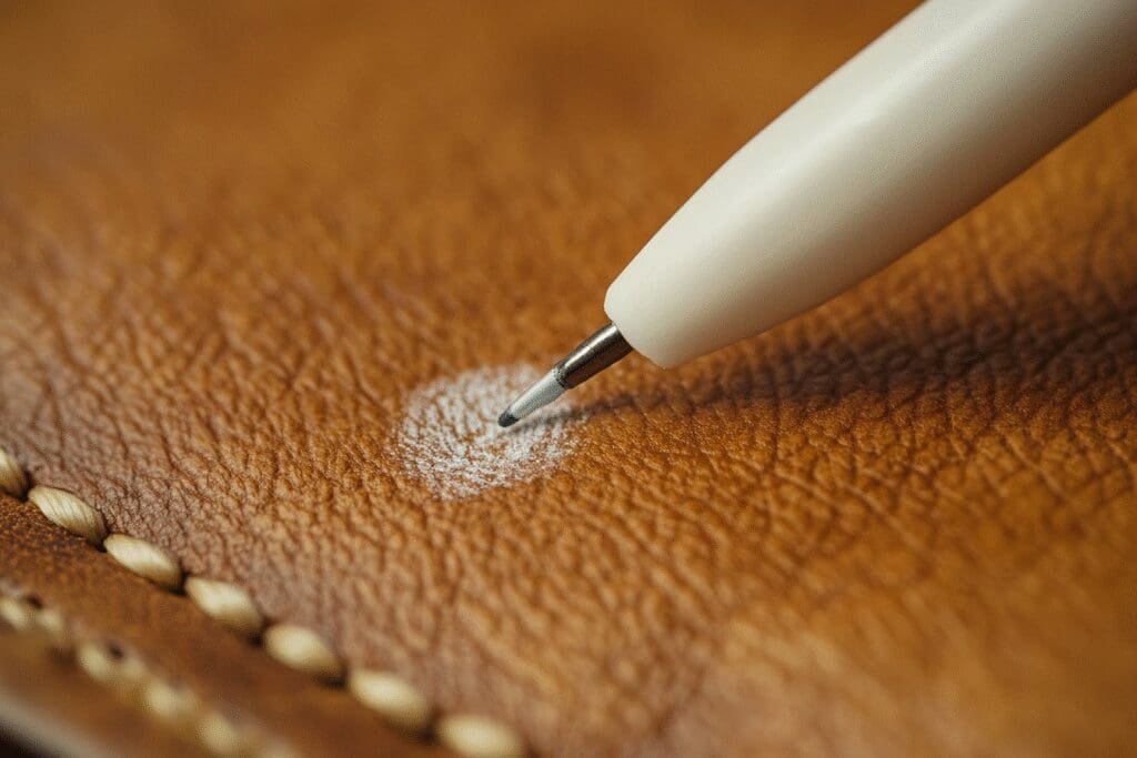 A Q-tip magically removes a pen mark from a leather surface, illustrating a surefire cleaning method