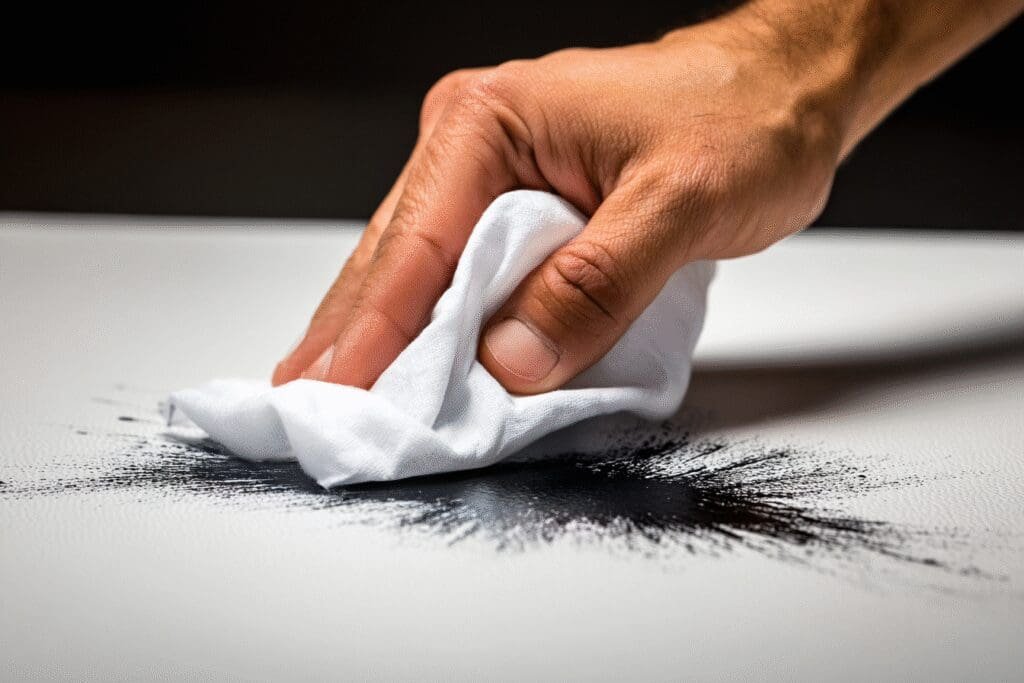 A cleaning-in-action shot for the FAQ on how to get permanent marker off leather, showing a stain being successfully wiped away