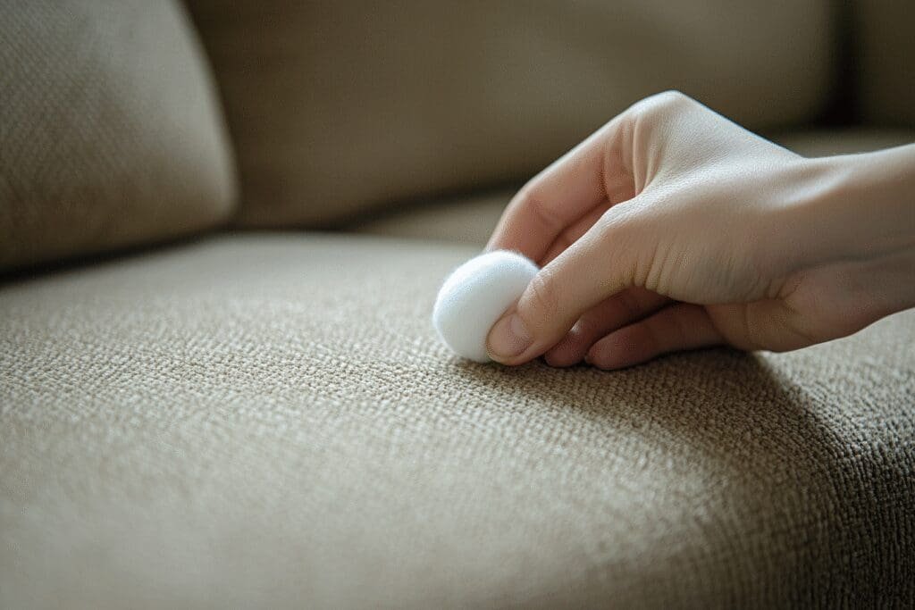 A close-up of a hand using a cotton ball to lift a pen ink stain from a sofa, showing a DIY save