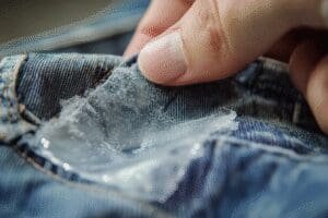A close-up of a hand using acetone to remove a hard spot of super glue from clothing, showing a clever hack