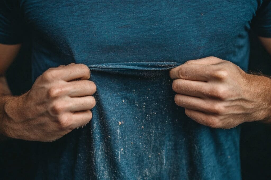 A close-up of fingers easily peeling sticky residue off a t-shirt, demonstrating a fast cleaning hack.