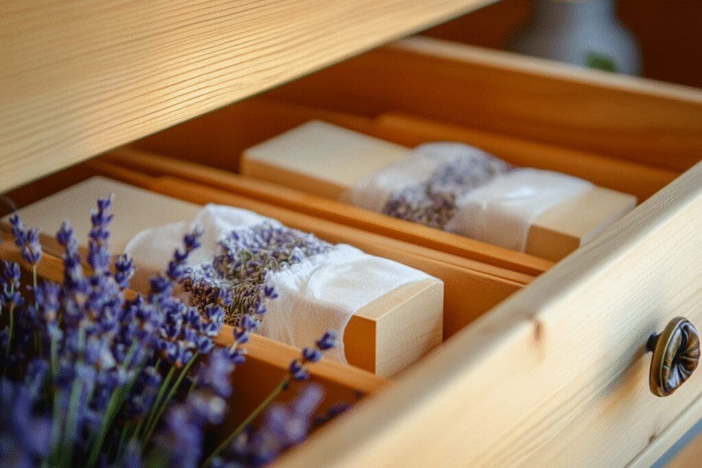 A drawer with fresh cedar blocks and lavender sachets, illustrating tricks to get rid of mothball smell.